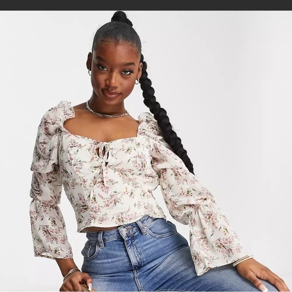 New Missguided tie neck crop top blouse frill floral 0114 ASOS w ♥️59 - Picture 1 of 12